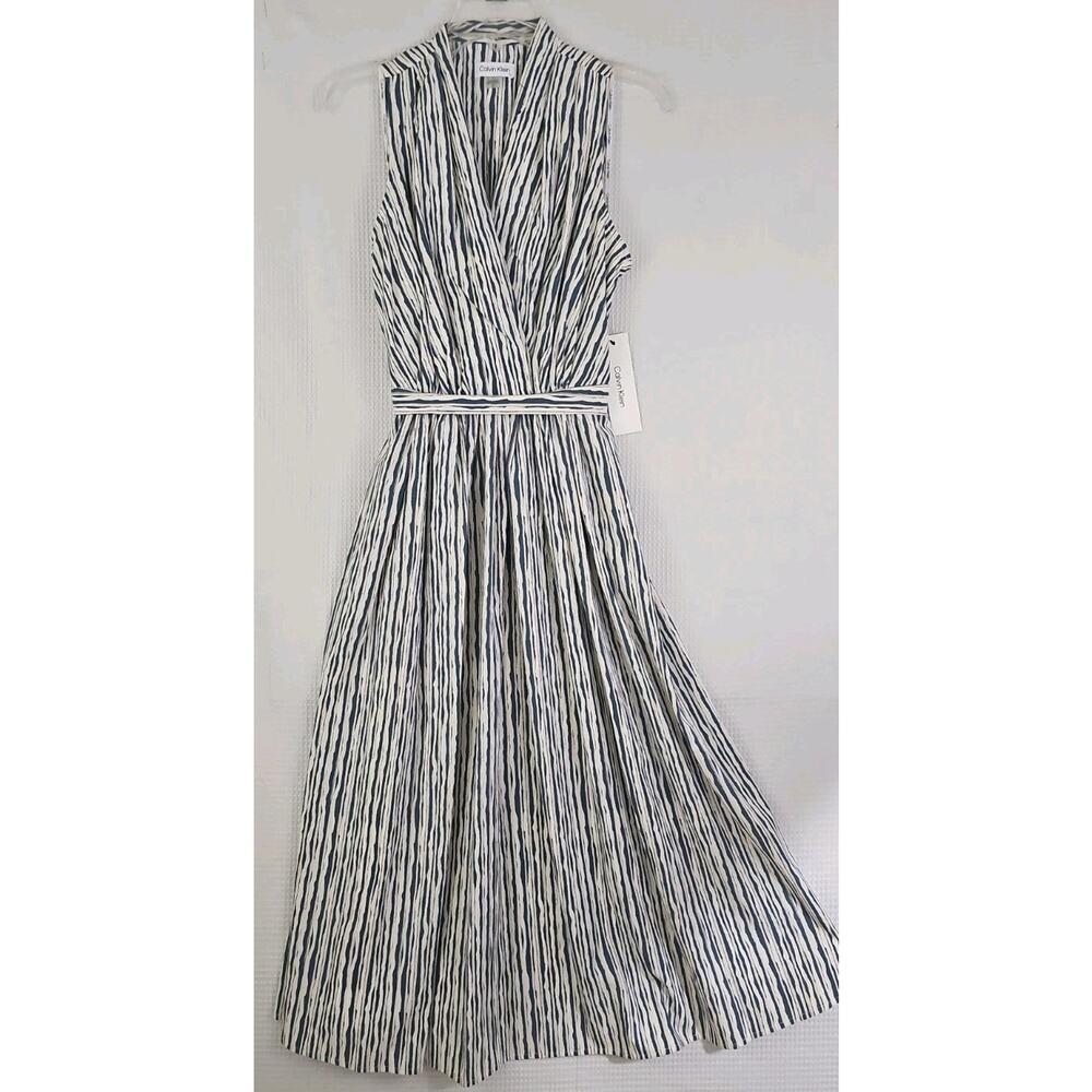 Calvin Klein ~Size 6~ Cream/Blue Stripes Maxi Dress With Waist Tie & Pockets NWT - Picture 3 of 16